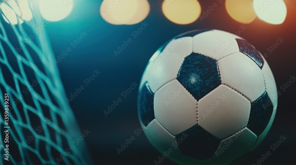 Obraz premium A close-up of a soccer ball approaching the goal, illuminated by soft, colorful lights, capturing the excitement of a game.