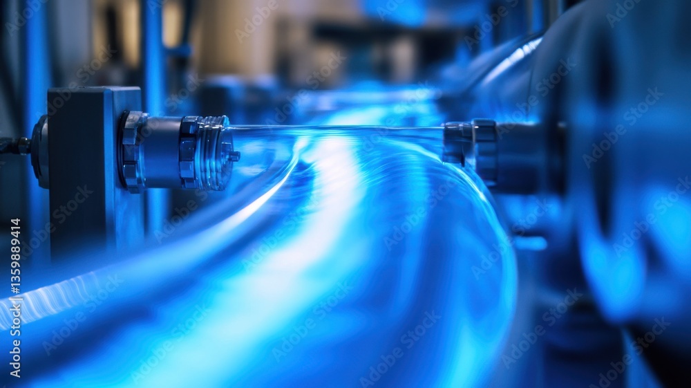 Close-up view of glowing blue fluid inside industrial piping system. Low-voltage energy equipment Close-up view of glowing blue fluid inside industrial piping system. Low-voltage energy equipment