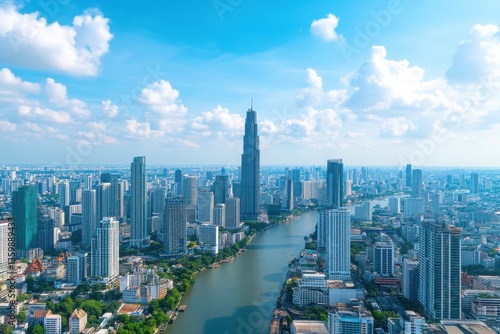 Wallpaper Mural A breathtaking aerial view of a bustling city skyline with modern skyscrapers and a river, under a bright blue sky with fluffy clouds. Torontodigital.ca
