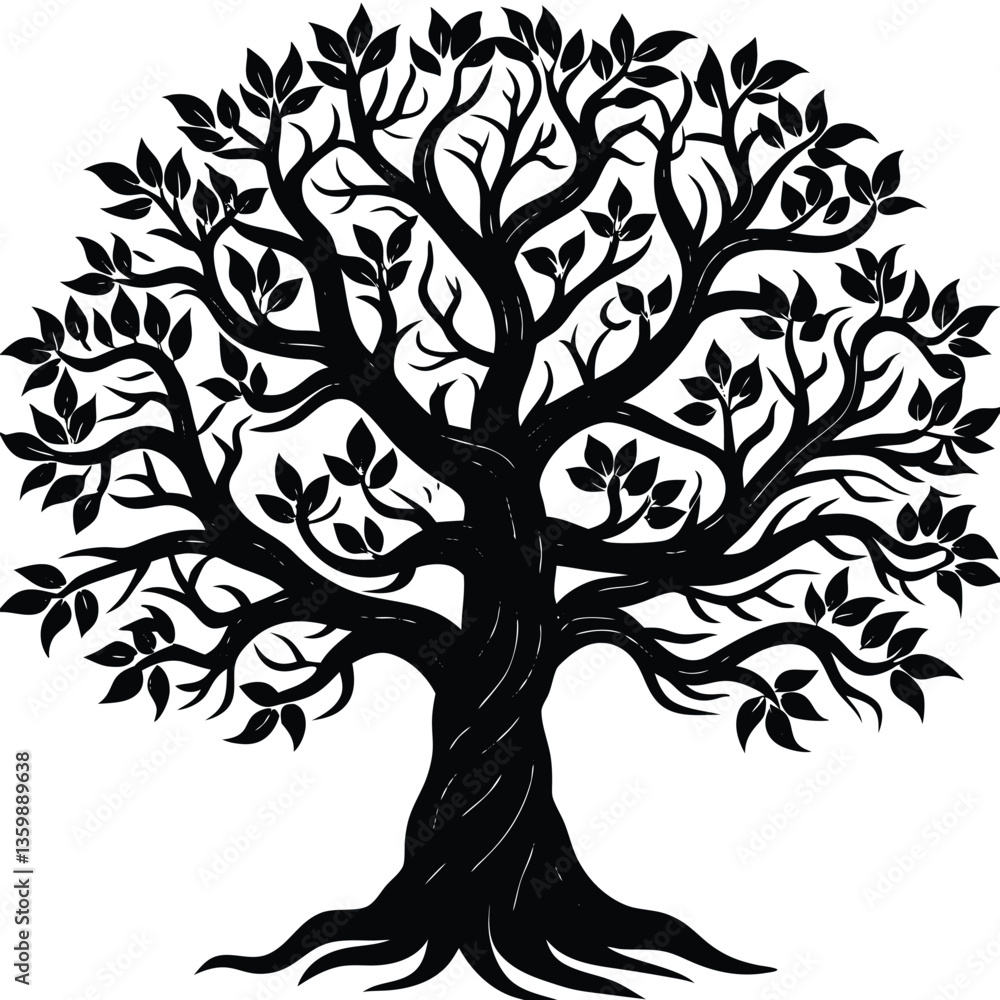 Silhouette Tree with Dense Foliage, Detailed Branches, Roots on White Background Silhouette Tree with Dense Foliage, Detailed Branches, Roots on White Background
