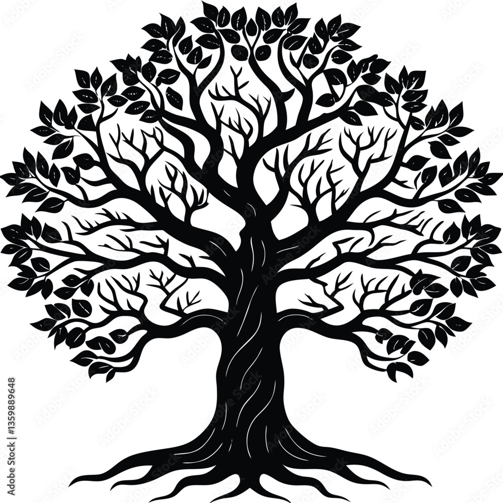 Obraz premium Silhouette Tree with Dense Foliage, Robust Trunk, and Intricate Root System Black Art