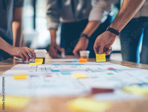 Collaborative team members engaged in customer journey mapping session, using sticky notes and diagrams to visualize ideas