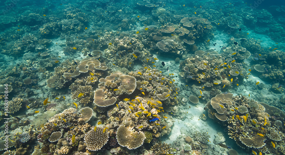 Fototapeta premium Vibrant Underwater Coral Reef Scene with Yellow Fish