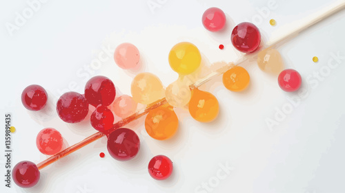 High-angle, close-up view of various-sized translucent spheres in shades of red, orange, and yellow scattered on a white background.  Two thin wooden sticks are partially visible, appearing to have