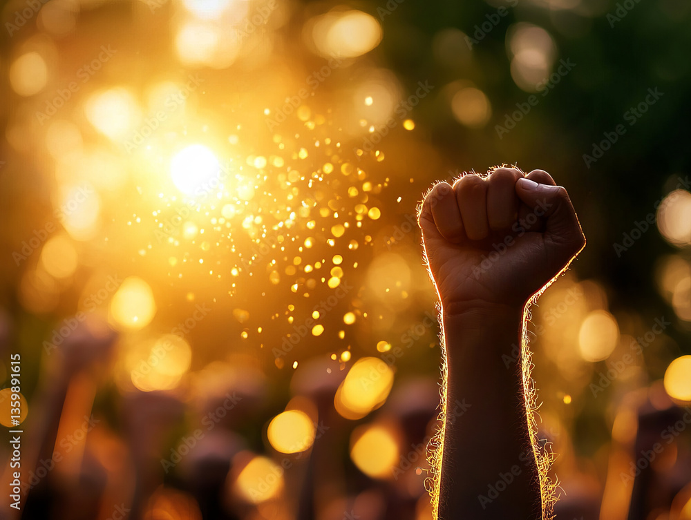 Obraz premium Empowered individuals raising fists in solidarity during sunset rally, symbolizing hope and unity
