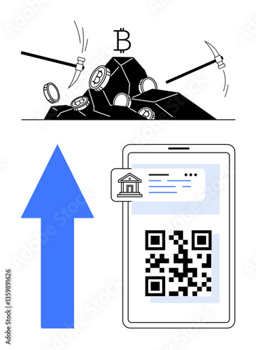 Mining tools extracting cryptocurrency from rocks with Bitcoin symbol, large blue upward arrow, and smartphone displaying QR code and banking app interface. Ideal for blockchain, transactions