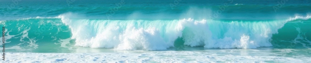 Naklejka premium Ocean waves crash on turquoise sea surface creating foamy white water, blue turquoise ocean waves, wave action