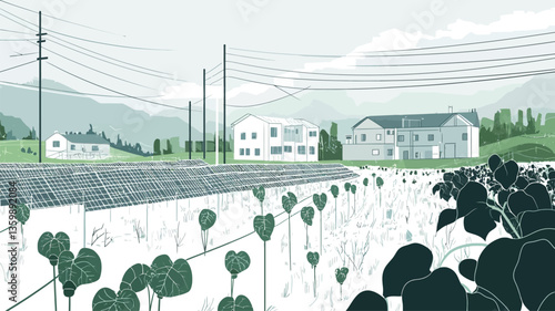 A stylized illustration depicting a suburban landscape featuring solar panels in a field of plants.  The scene is rendered in a minimalist style with a muted color palette of greens and whites.