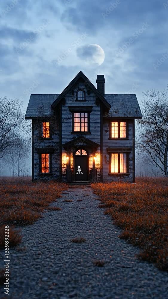 A spooky old house illuminated at dusk, with glowing windows and a misty pathway leading up A spooky old house illuminated at dusk, with glowing windows and a misty pathway leading up
