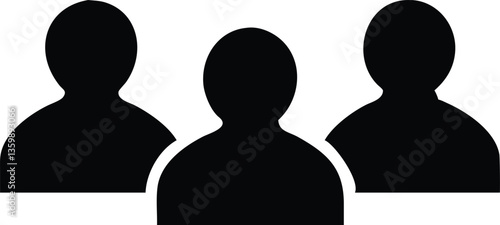 Team Silhouette Three Black Figures, Rounded Heads and Shoulders on White Background
