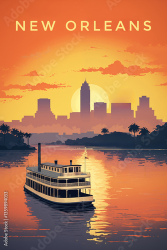 Travel vintage poster of New Orleans, Louisiana, USA. A ship sailing on a Mississippi river. Ai generated