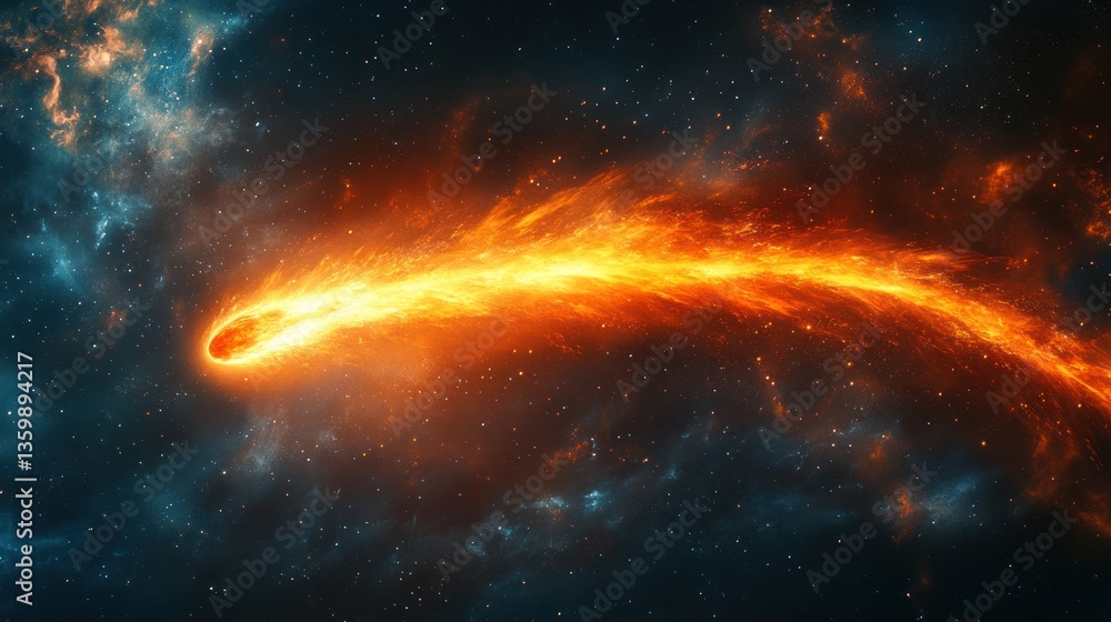 Fiery comet blazing trail through a starry cosmos orange nucleus streaks across ethereal celestial dust clouds of blues and purples