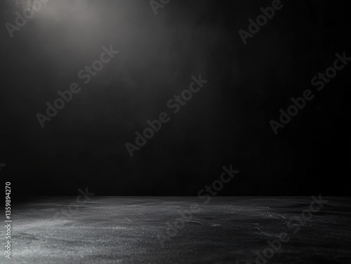 A dimly lit scene with a smooth, dark stone floor extending into the shadows of a black wall