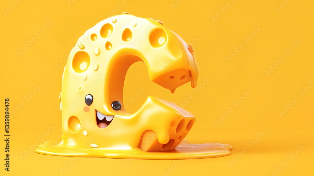 Fototapeta premium Smiling Yellow Cheese Letter C 3D Rendering
