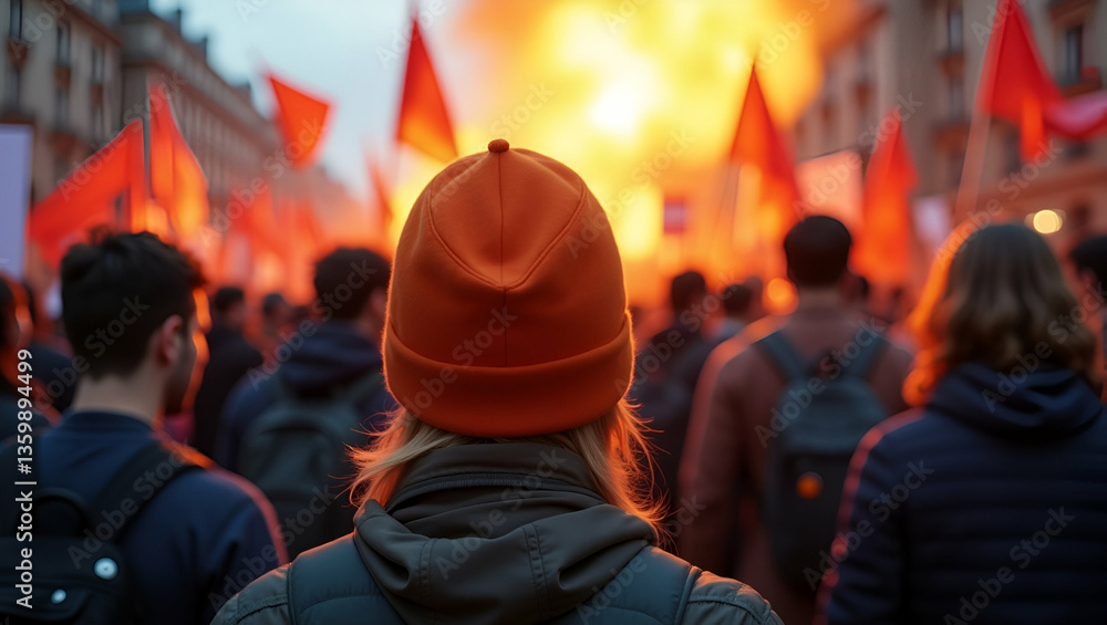 Vibrant Protest Scene: Person in Orange Hat Capturing Public Demonstration Energy - Stock Photo Concept Vibrant Protest Scene: Person in Orange Hat Capturing Public Demonstration Energy - Stock Photo Concept