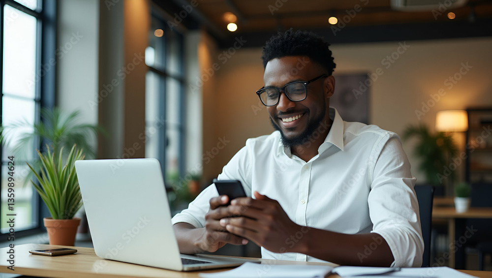 Portrait of happy African business man employee or student using smartphone at work smiling young adult male professional worker holding cell phone smart mobile tech working in office sitting at desk Portrait of happy African business man employee or student using smartphone at work smiling young adult male professional worker holding cell phone smart mobile tech working in office sitting at desk