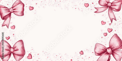 A pink background with bows and hearts. The bows are drawn in a way that they look like they are tied together. The hearts are scattered around the background, some are closer to the bows