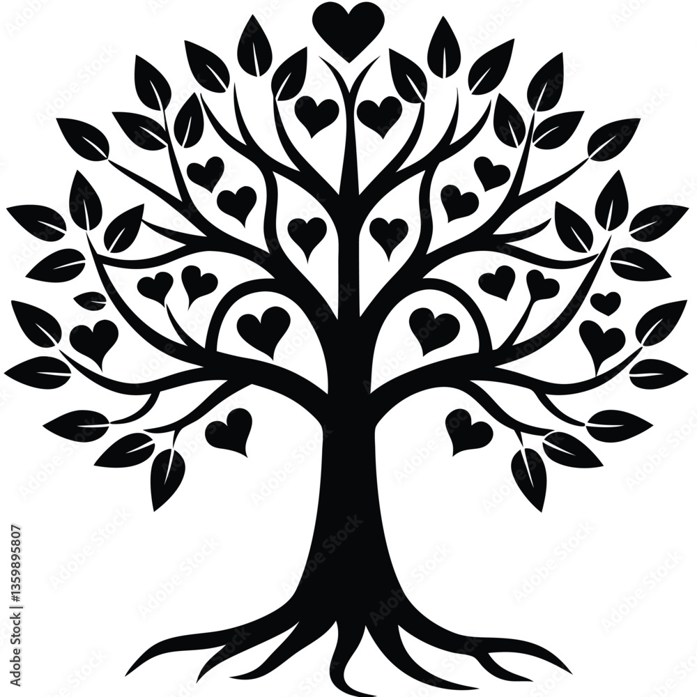 Obraz premium Tree with Heart Shaped Fruits and Leaves in Black and White Colors