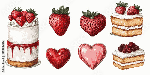 A set of six different cakes with strawberries on top, each with a heart drawn on top. The cakes are all different flavors and sizes, but they all have a similar theme of love and romance