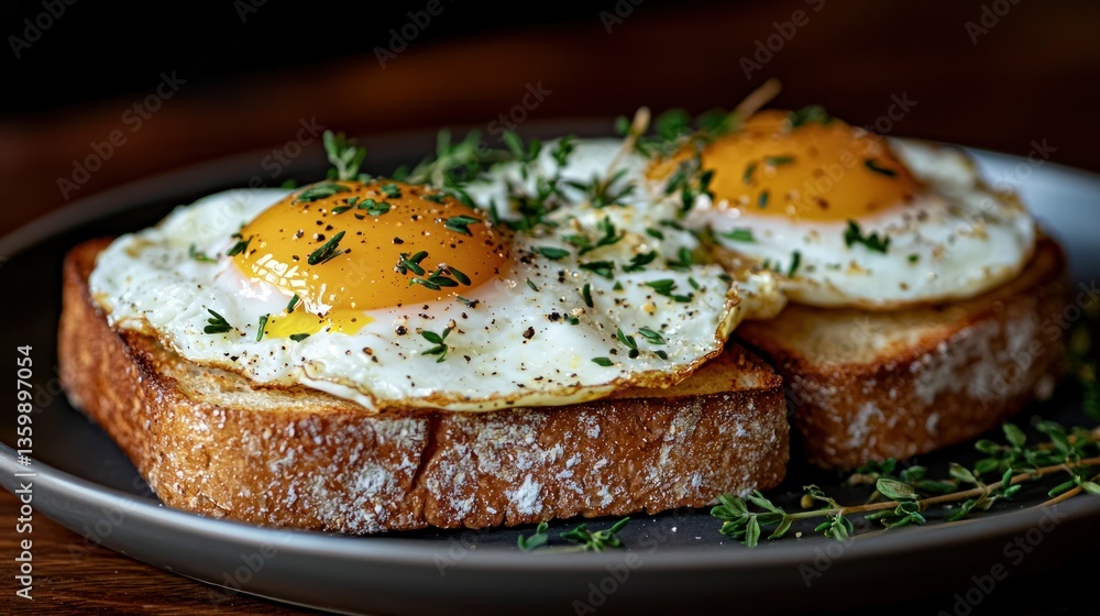 Sunny-side up eggs on toast, herbs, dark wood Sunny-side up eggs on toast, herbs, dark wood