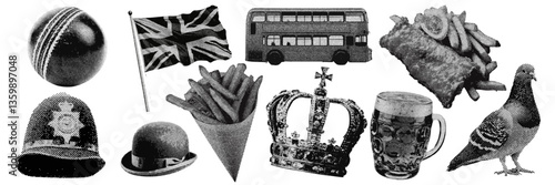 Set of Great Britain halftone grunge vector design elements.