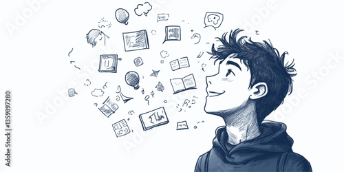A boy is looking up at a white background with a lot of drawings of books, papers, and other things. Scene is one of curiosity and wonder, as the boy seems to be pondering the many ideas