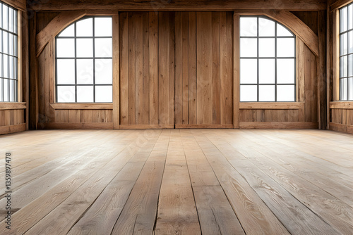 Rustic wooden room interior, empty space, arched windows, wooden floor, design background