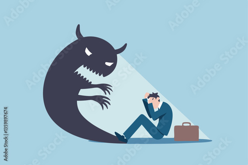 Fear, anxiety or panic attack, afraid of mistake, scared or nightmare suffering, depression or dread, worry or trouble causing distraught concept, fearful businessman afraid of evil monster shadow.