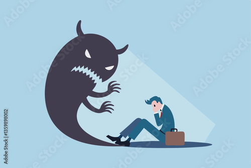 Fear, anxiety or panic attack, afraid of mistake, scared or nightmare suffering, depression or dread, worry or trouble causing distraught concept, fearful businessman afraid of evil monster shadow.
