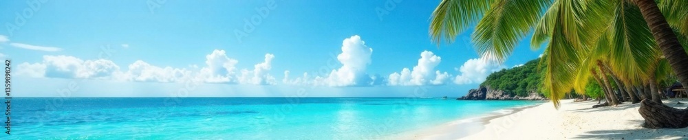 Naklejka premium Palm trees sway in ocean breeze amidst crystal clear waters, island, oceanic, tranquility