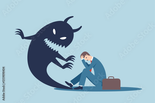 Fear, anxiety or panic attack, afraid of mistake, scared or nightmare suffering, depression or dread, worry or trouble causing distraught concept, fearful businessman afraid of evil monster shadow.