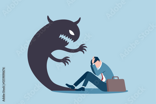 Fear, anxiety or panic attack, afraid of mistake, scared or nightmare suffering, depression or dread, worry or trouble causing distraught concept, fearful businessman afraid of evil monster shadow.