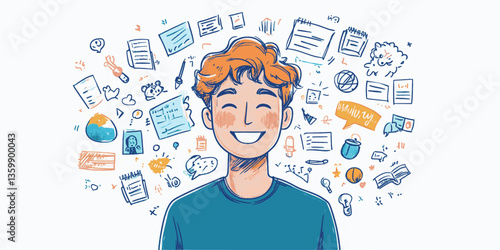A boy with a smile on his face is surrounded by a lot of writing and drawings. Concept of creativity and inspiration, as the boy appears to be thinking deeply and possibly working on a project or idea