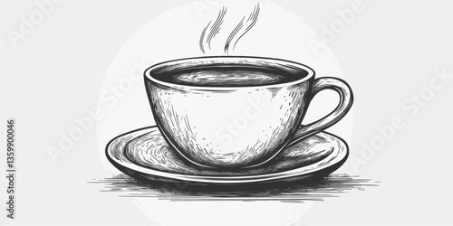 A cup of coffee is sitting on a saucer. The coffee is steaming and the cup is filled to the brim. Concept of warmth and comfort, as the coffee is a popular beverage for relaxation and socializing
