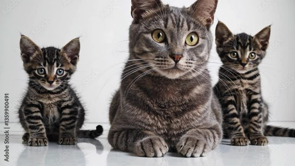 Newborn kittens and mother cat on white background. Nurses her newborn kittens, providing nourishment and care. This heartwarming scene showcases the bond between mother and offspring. Portrait of flu Newborn kittens and mother cat on white background. Nurses her newborn kittens, providing nourishment and care. This heartwarming scene showcases the bond between mother and offspring. Portrait of flu