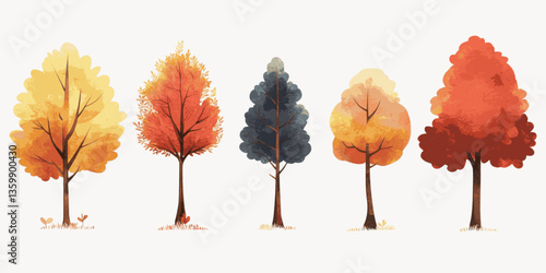 A series of trees with different colors of leaves, including yellow, orange, and red. The trees are arranged in a row, with the tallest one on the left and the shortest one on the right