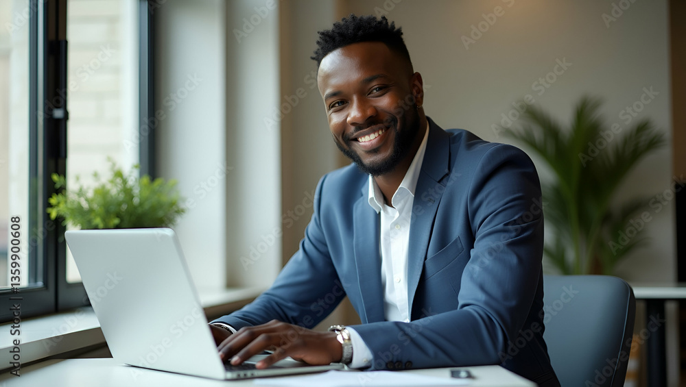 Happy Young African Businessman Working on Laptop: A Flat Vertical Portrait of a Smiling Professional in a Modern Office Setting - Cute Vector Illustration Happy Young African Businessman Working on Laptop: A Flat Vertical Portrait of a Smiling Professional in a Modern Office Setting - Cute Vector Illustration