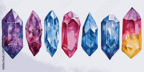 A series of colorful gems are painted on a white background. The gems are of various sizes and colors, including blue, red, and yellow. The painting conveys a sense of vibrancy and diversity