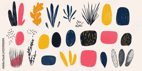 A collection of abstract shapes and lines in various colors. The shapes are all different sizes and are scattered throughout the image. The scene is playful and whimsical