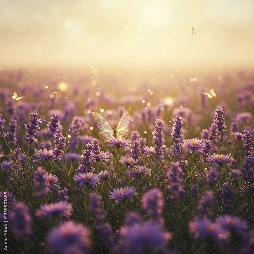 Naklejka premium Enchanted Fairy Forest with Glowing Flowers and Magical Light