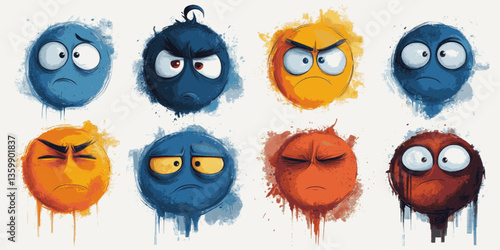 A row of cartoon faces with different expressions, including angry, sad, and surprised. The faces are all different colors and sizes, and they are arranged in a grid. Scene is one of chaos