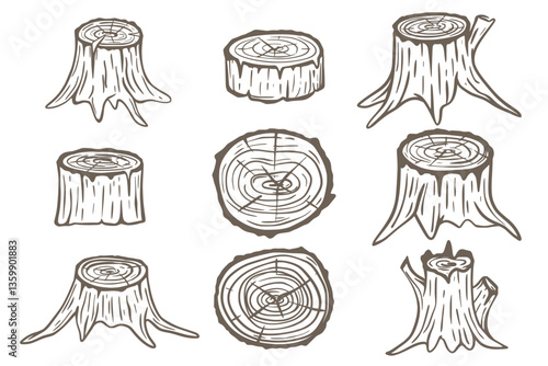 Hand drawn tree stumps set. Black sketch remains of cut tree. Stumps and round trunk cuts, clip art. Vector graphics, doodle