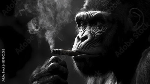 Reflective Smoke: A contemplative gorilla, enveloped in a cloud of smoke, holding a lit cigar in its hand. A striking portrait of nature's dichotomy and human influence.