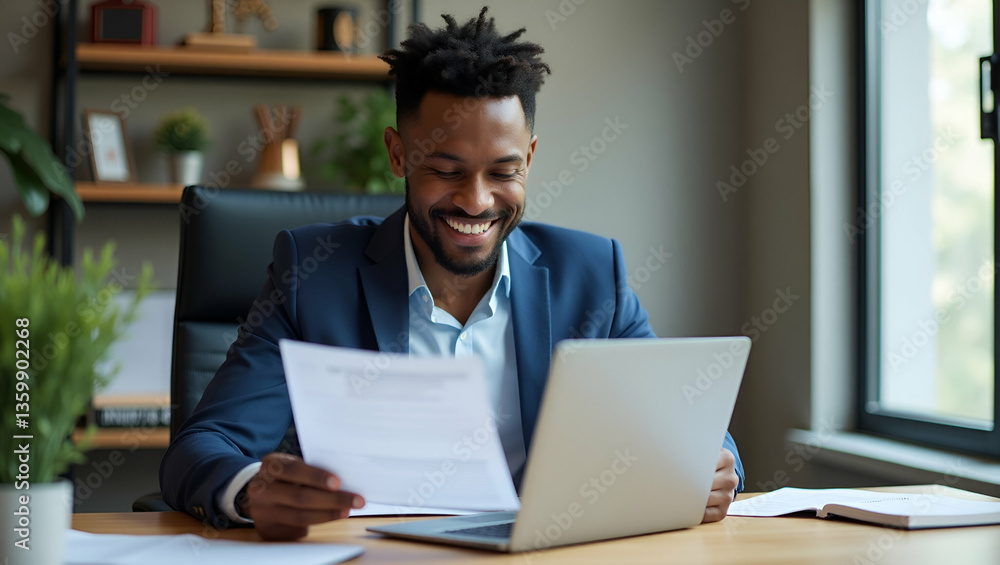 Happy Young African Businessman Smiling While Working on Laptop Happy Young African Businessman Smiling While Working on Laptop
