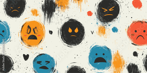 A bunch of angry faces with a lot of paint splatters. The faces are all different sizes and colors