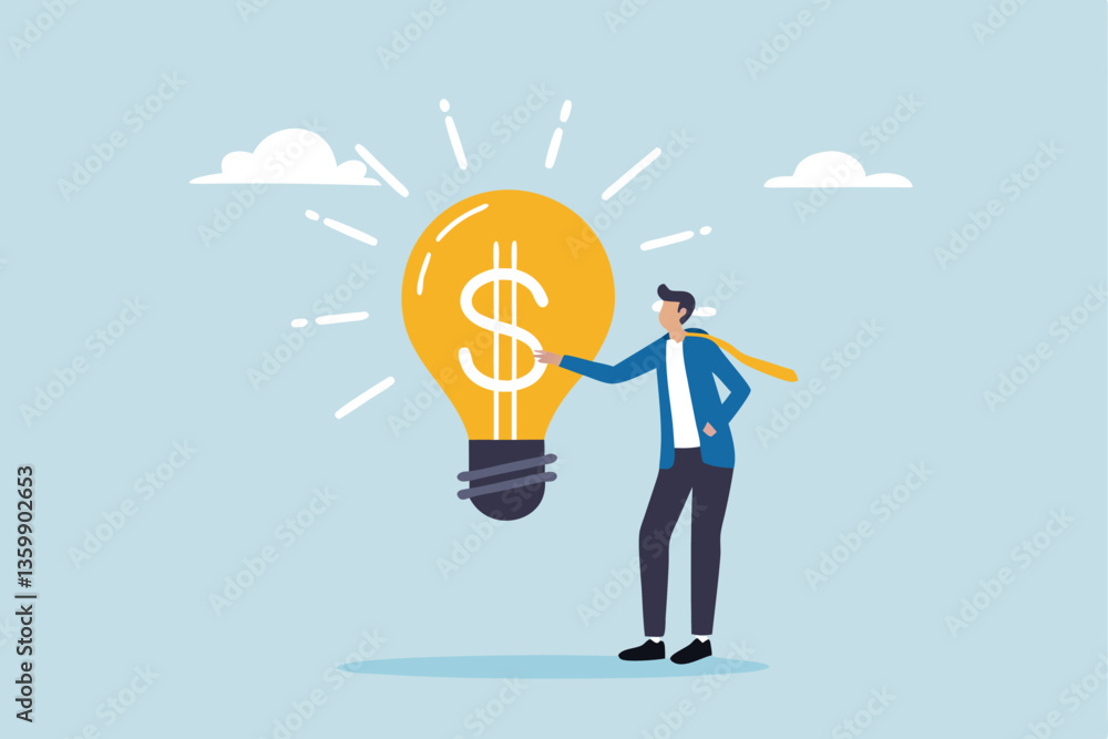 Idea pitching, startup idea or entrepreneurship funding, venture capital meeting, business idea to make money presentation, investment discussion concept, businessman present money idea lightbulb. Idea pitching, startup idea or entrepreneurship funding, venture capital meeting, business idea to make money presentation, investment discussion concept, businessman present money idea lightbulb.