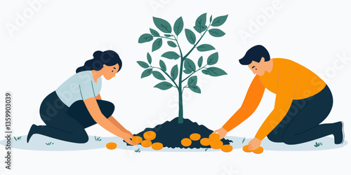 A couple of men and women are planting a tree and collecting money. The tree is full of coins and the women are working together to plant it. Investment concept