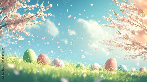 A glowing Easter background with a soft blue sky, cherry blossoms gently falling, and pastel-colored eggs resting on fresh green grass.