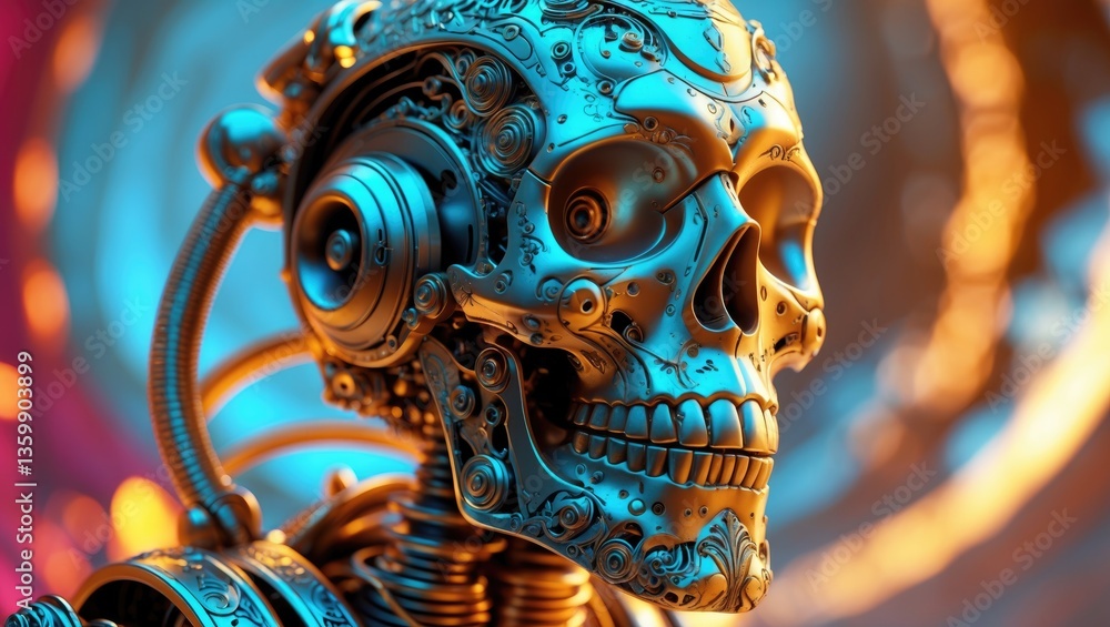 Fototapeta premium Artwork and t-shirt design of an engraved robot skull ornament.