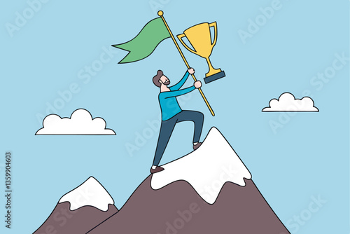 Success leadership to achieve goal, motivation or aspiration to reach target, winner challenge, growth journey or honor pride concept, success businessman holding winning flag trophy on mountain peak.
